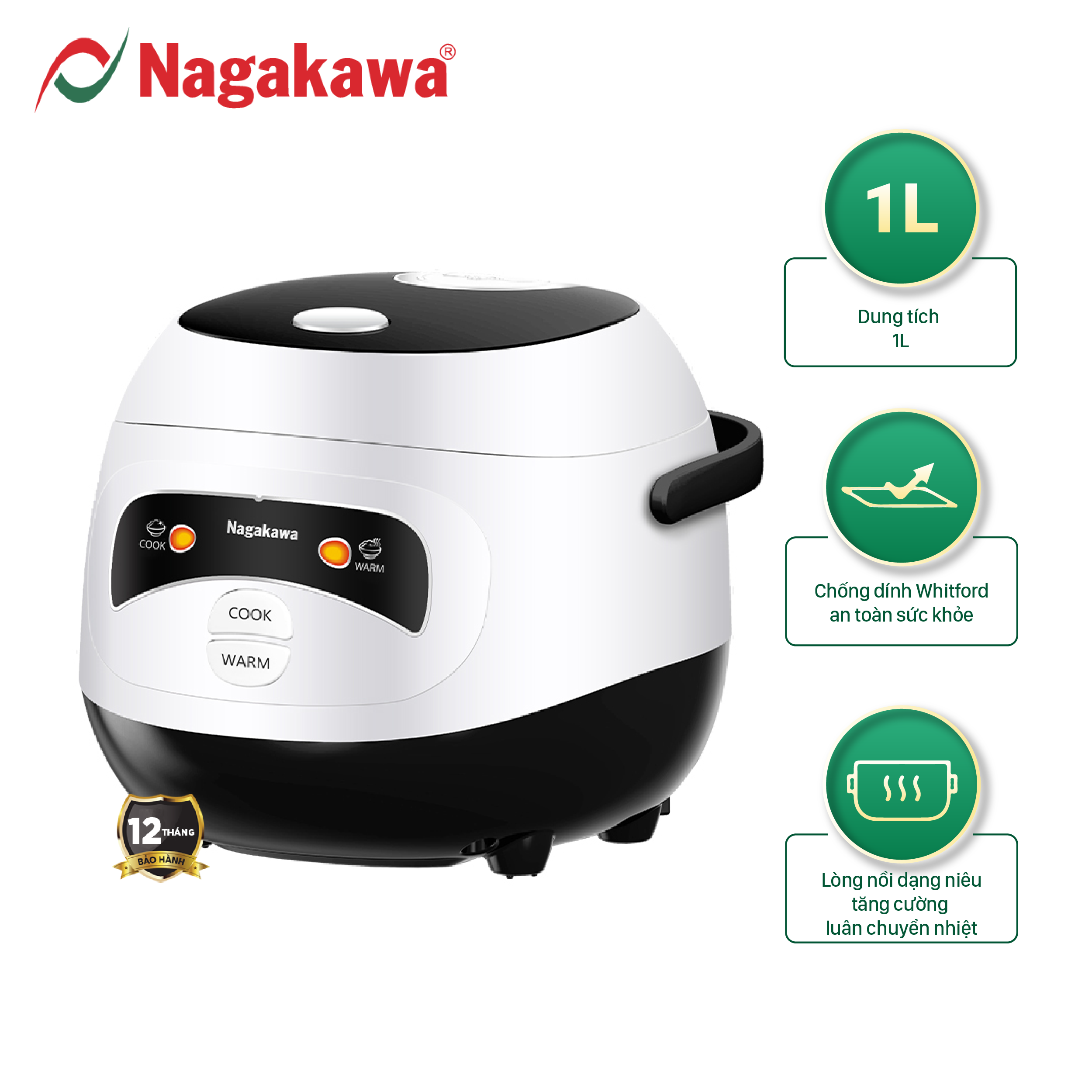 Nồi cơm điện mini Nagakawa NAG0134 dung tích 1L công suất 400W lòng niêu dày dặn phủ chống dính an toàn cho sức khỏe 2 chế độ nấu bảo hành 12 tháng