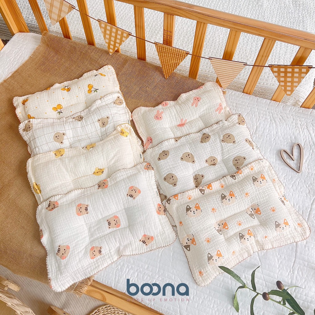 Gối xô sơ sinh cho bé Boona chính hãng vải sợi Muslin cao cấp chống méo đầu êm ái cho bé