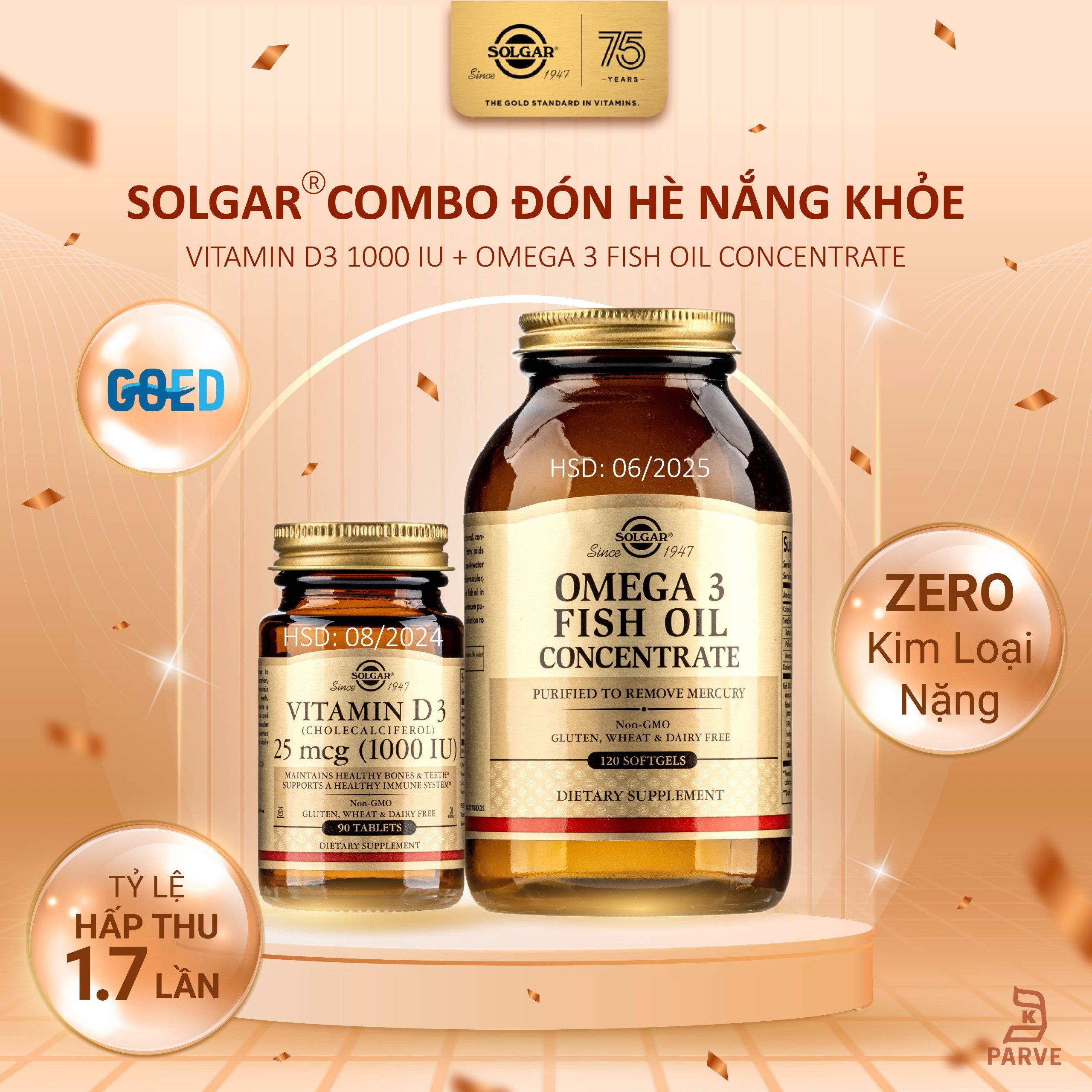 Combo Đón Hè Nắng khỏe - Viên Uống  Dầu Cá Omega 3 - Solgar Fish Oil Concentrate  [Lọ 120 Viên] Solgar Vitamin D3 25 mcg (1000 IU)