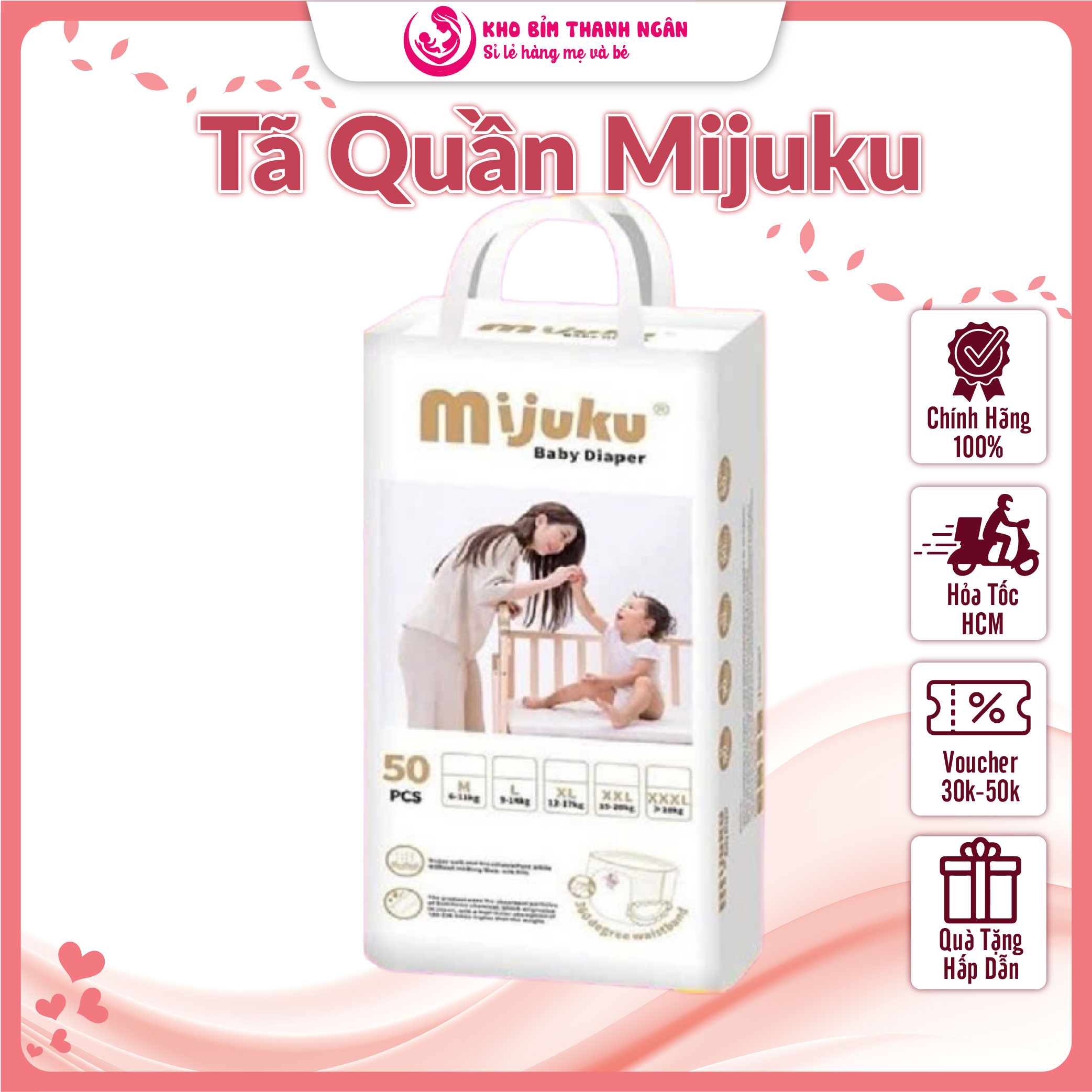Bỉm MIJUKU - Tã Quần MIJUKU Bo Mông - Bỉm Tã Trẻ Em  M50 L50 XL50 XXL50 3XL50 4XL50 5XL50 - Kho Bỉm 