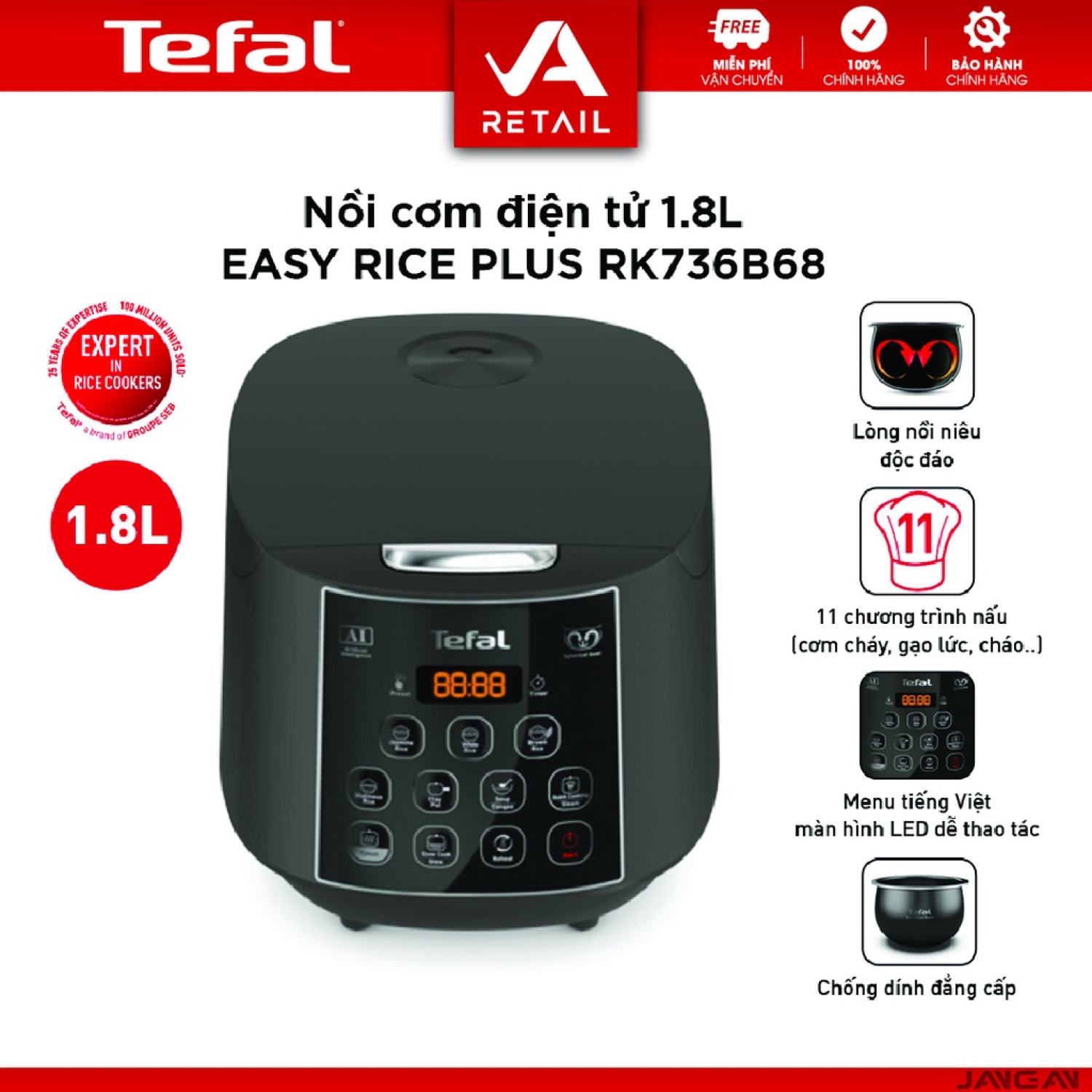 Nồi cơm điện tử Tefal RK736B68 1.8L - 11 chương trình nấu - Hàng Chính Hãng