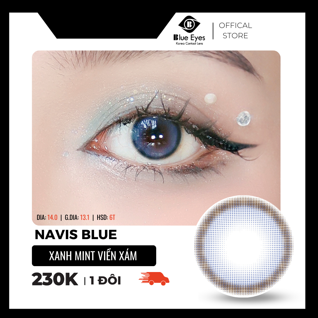 Kính áp tròng Navis Blue Eyes dòng lens cận sử dụng sáu tháng giãn tròng vừa màu xanh mint viền xám 