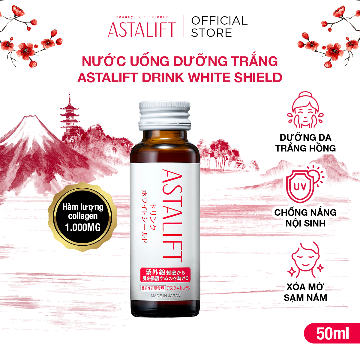 Combo 60 Nước Uống Collagen ASTALIFT Nhật Bản Drink White Shield 1000MG Collagen Cấp Ẩm Dưỡng Trắng Từ Bên Trong Chai 50ml