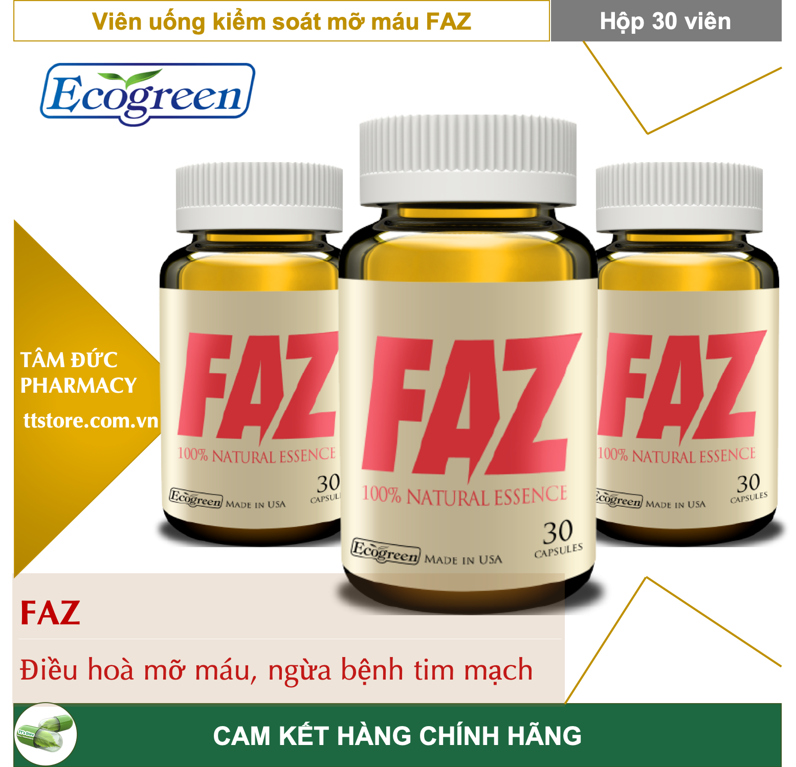 [Hcm]Faz [Hộp 30 Viên] - Viên Uống Điều Hòa Mỡ Máu Huyết Áp Cholesterol Phòng Ngừa Bệnh Tim Mạch [Eco Green]