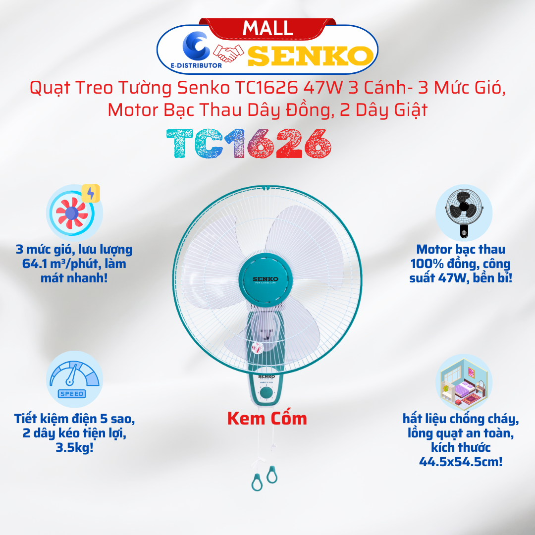 Quạt Treo Tường 3 Cánh 2 Dây Giựt Senko TC1626 - Công Suất 47w - Hàng Chính Hãng - Bảo Hành 24 Tháng