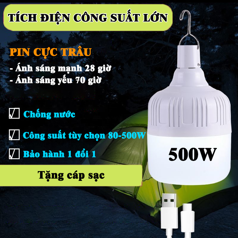 Đèn treo tích điện 80W 260W 500W pin trâu đa năng kháng nước tặng cáp sạc