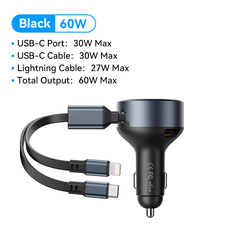 Vention sạc điện dùng trên xe hơi 60W Sạc Nhanh Được Xây Dựng Trong Loại C Cáp LIGHTNING 3 Cổng Cho