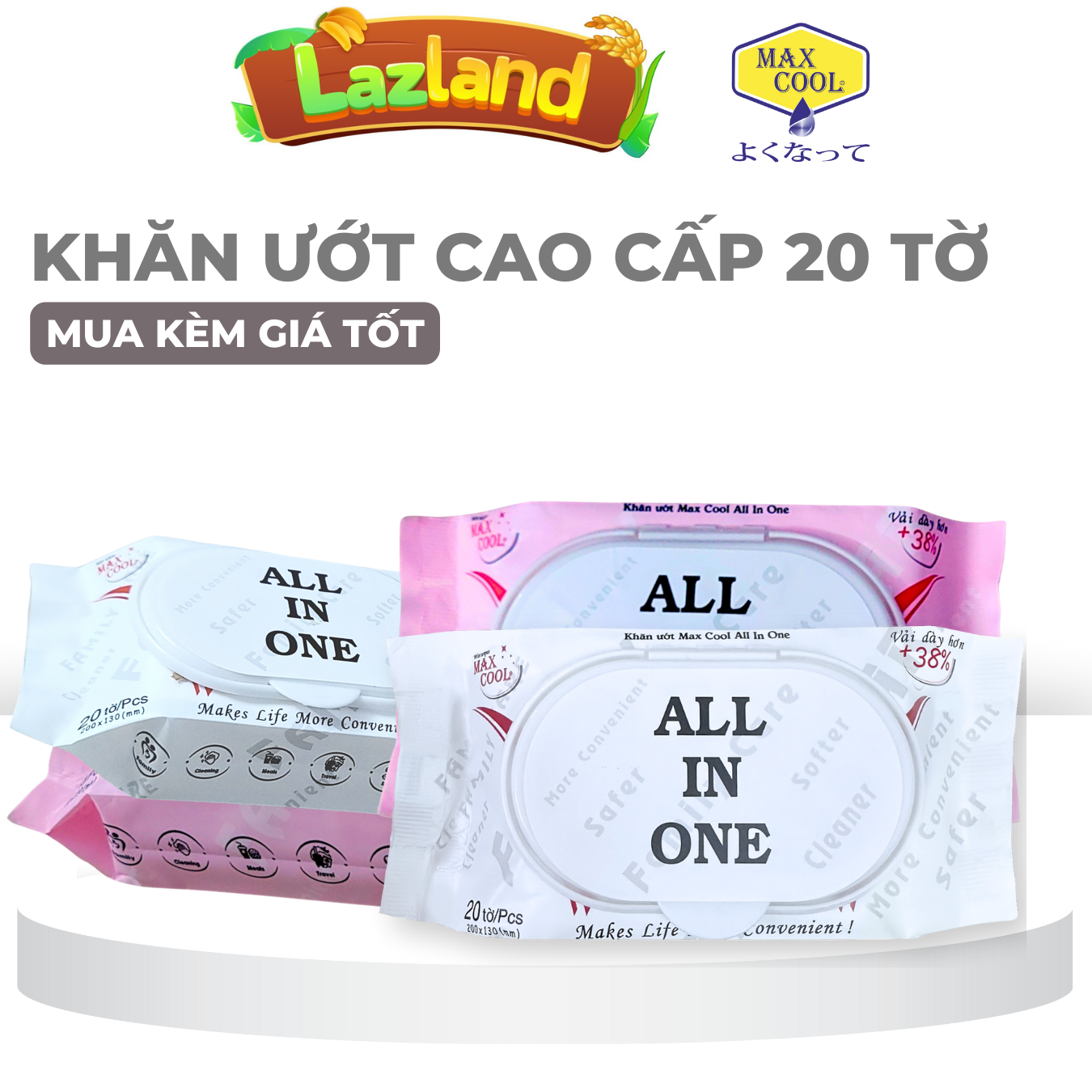 [HÀNG TẶNG KHÔNG BÁN-CHỈ CÓ TẠI LAZLAND] 1 Lốc 4 Gói Khăn ướt Max Cool ALL IN ONE 20 tờ hương tự nhiên mini vải bi dày dặn - Hàng chính hãng