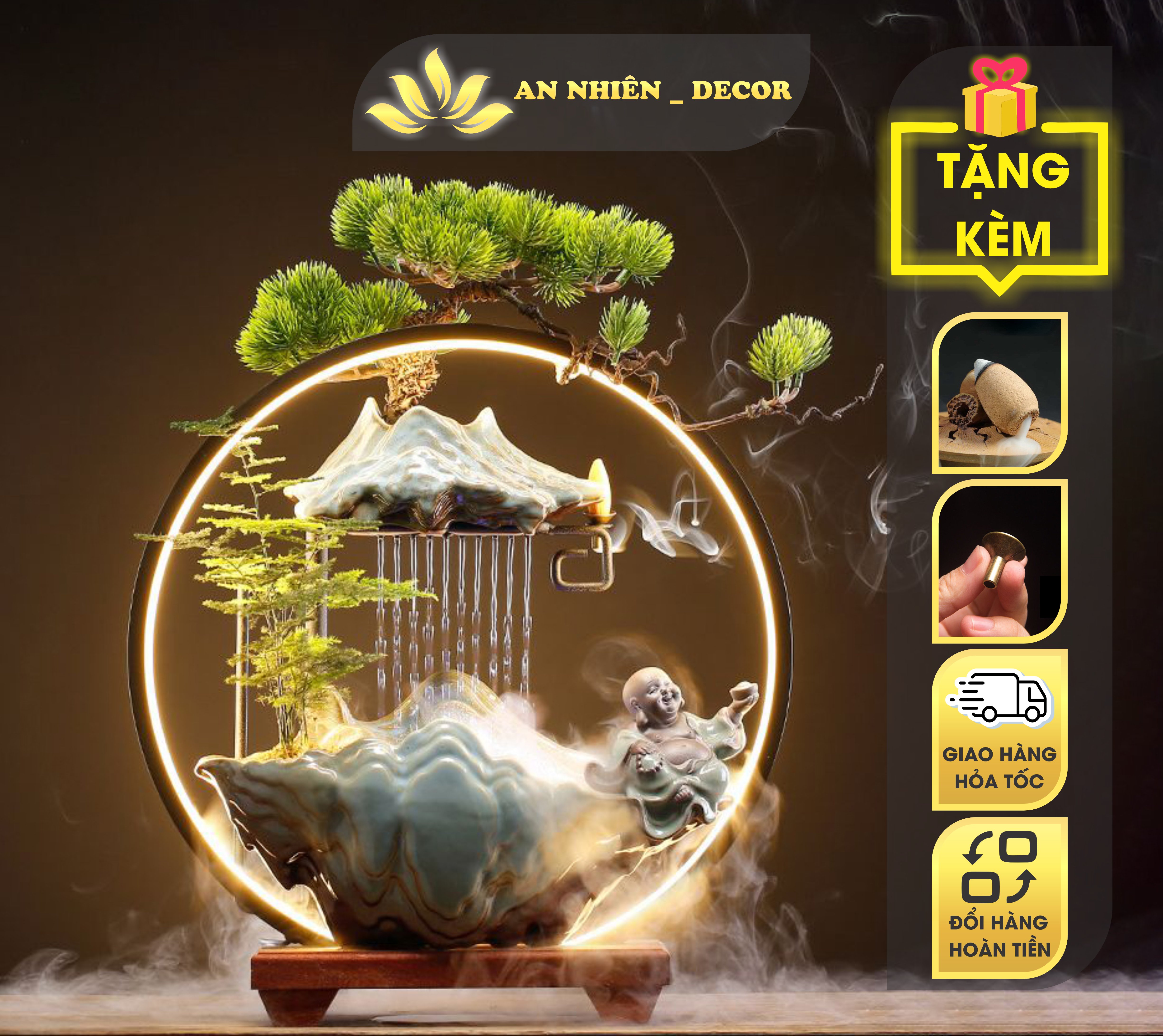 Tiểu Cảnh Thác Nước Đèn Led Có Đài Phun Nước Kèm Tượng Chú Tiểu Phong Thủy Để Bàn Trang Trí Phòng K