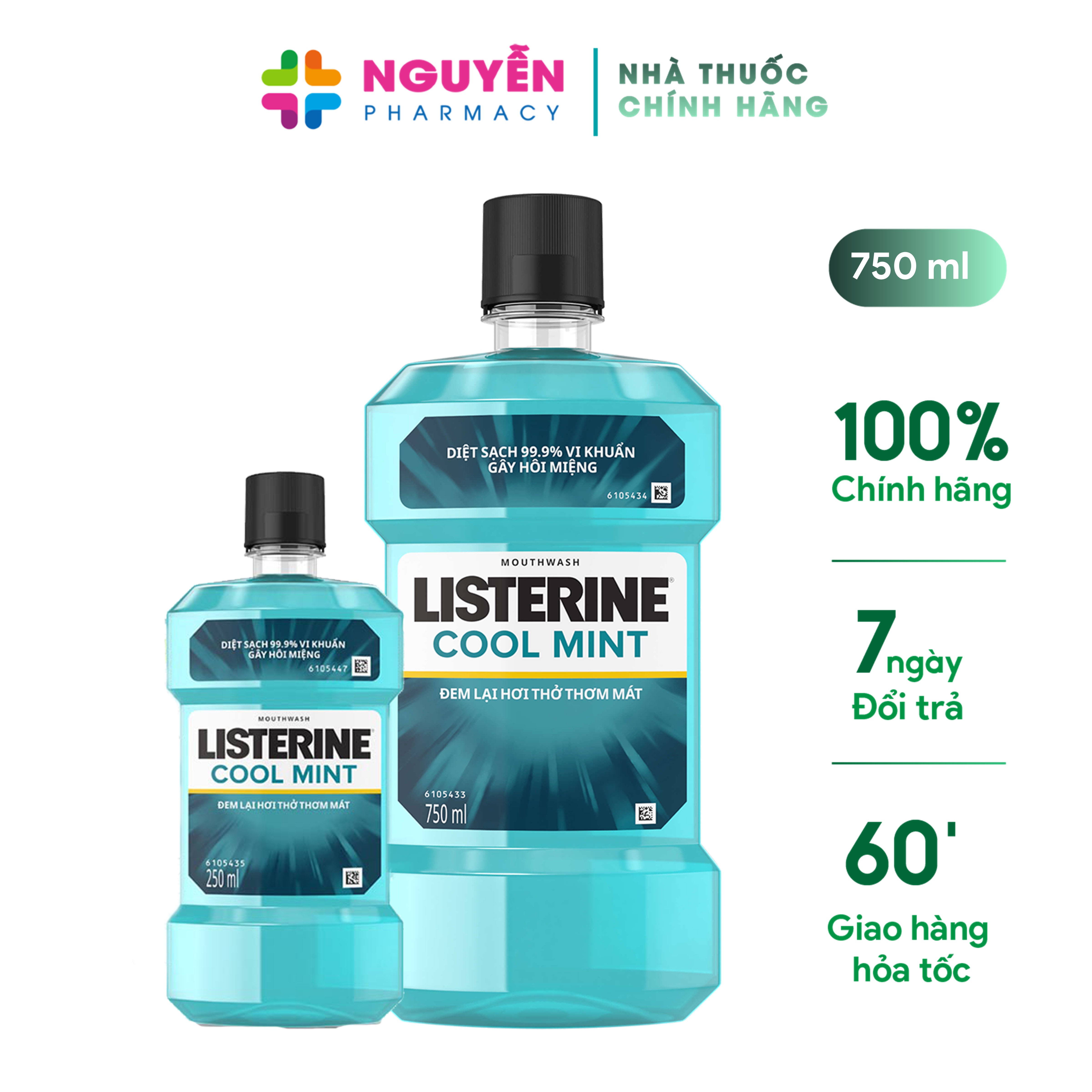 Nước súc miệng Listerine Cool Mint - Sạch khuẩn thơm miệng hương bạc hà mát lạnh