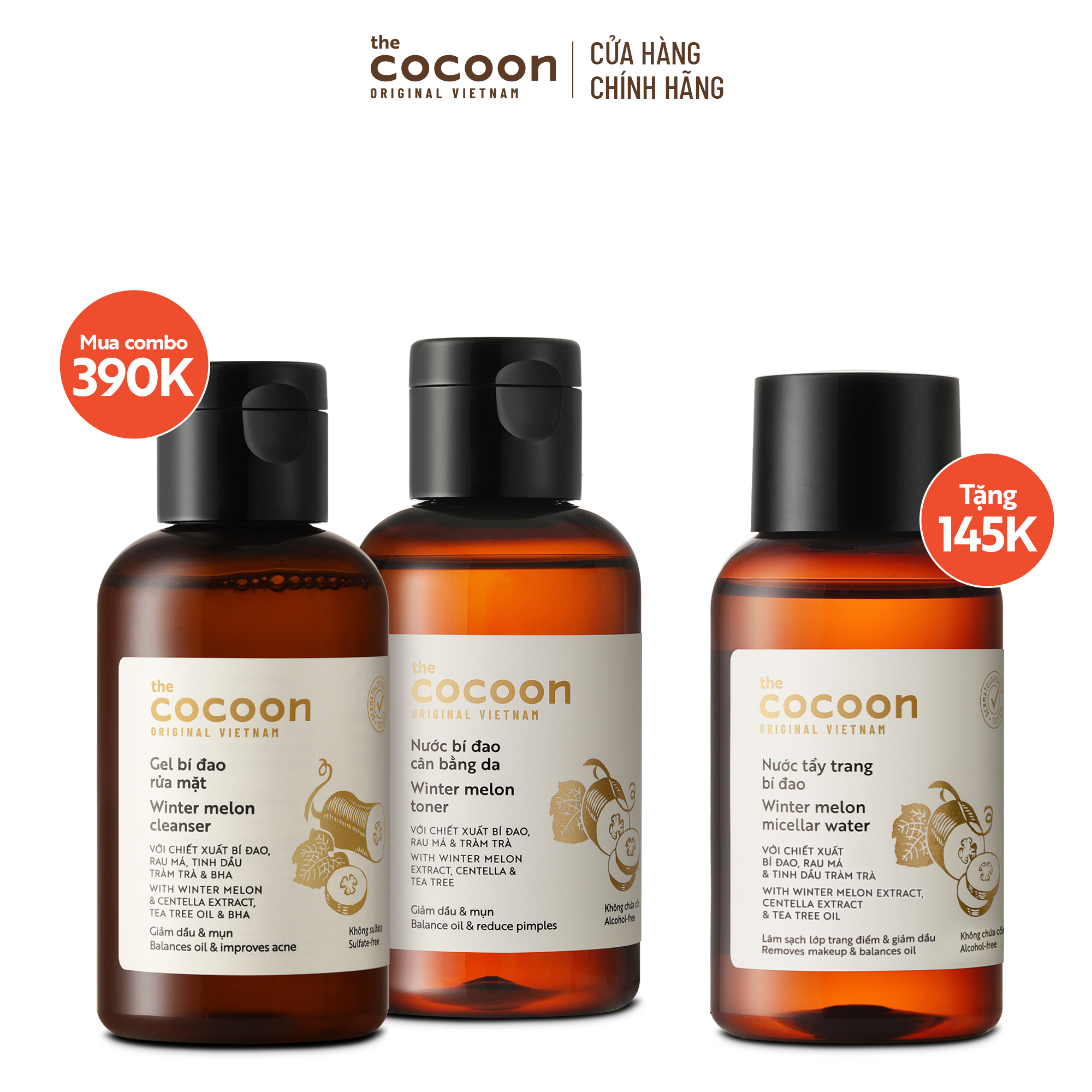 SPECIAL COMBO Làm sạch + cân bằng cho da mụn Cocoon - Tặng Nước tẩy trang bí đao 140ml