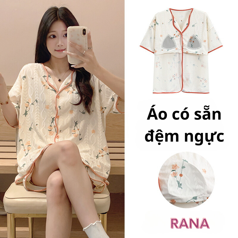 Bộ quần áo mặc nhà có đệm ngực vải cotton bông tự nhiên mềm mịn êm ái thoáng mát bộ đồ mặc nhà nữ có