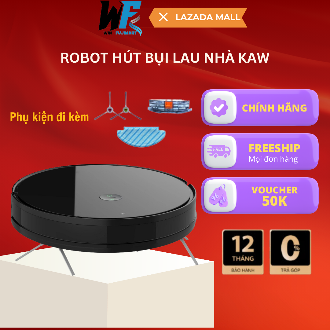 Robot hút bụi lau nhà thông minh Kaw - Hàng Chính Hãng Lực Hút 8000Pa Diện Tích Làm Sạch 200m2 Công 