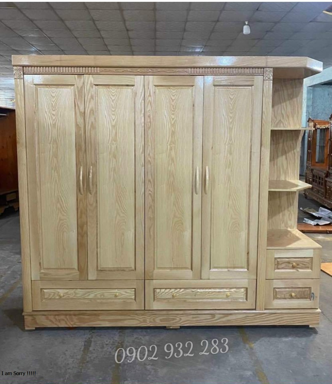 Tủ áo 4 cánh có kệ góc gỗ sồi