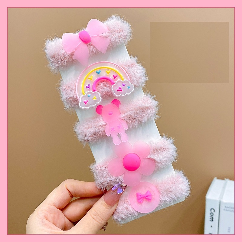 Set 5 Cột Tóc Nơ Gấu Dâu Hồng Lotso Bearbrick Dễ Thương Charm Lớn Cho Nữ Và Bé Gái