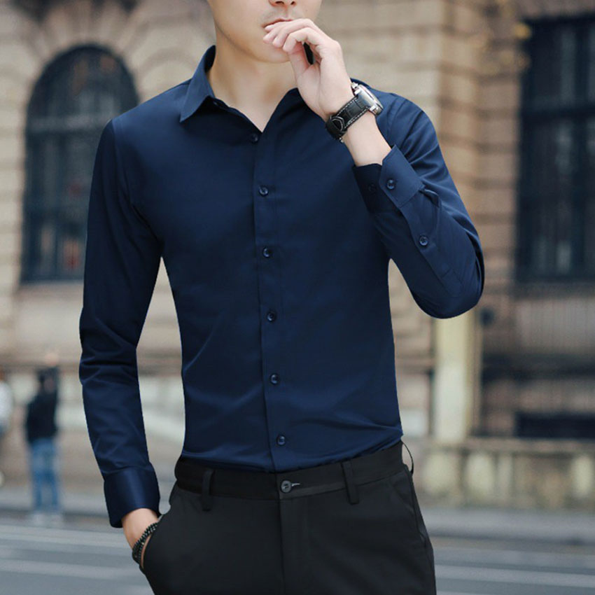 Áo sơ mi lụa dài tay nam MENSWEAR áo sơ mi dài tay nam trơn phom body Hàn Quốc vải dày mát mịn