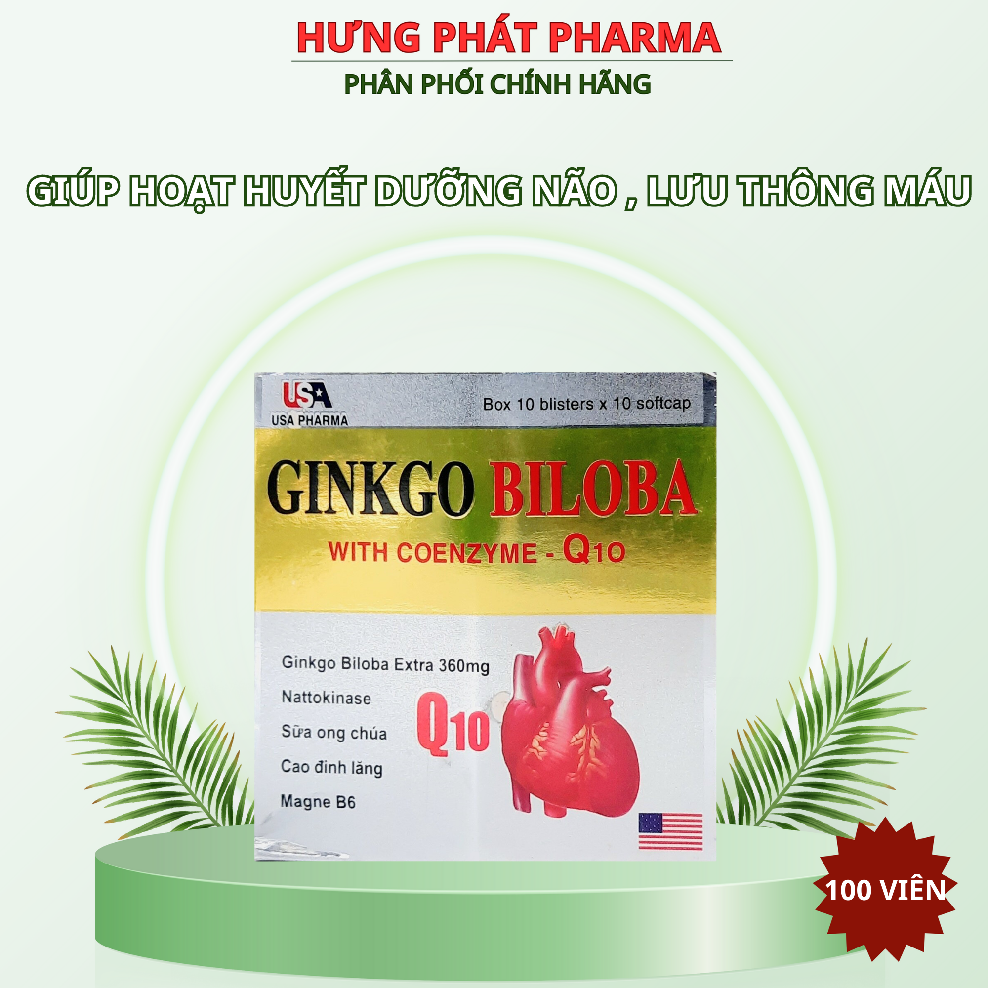Ginkgo Biloba with Coenzyme- Q10 giúp hoạt huyết dưỡng lão lưu thông máu giảm mệt mỏi – hộp 100 viên