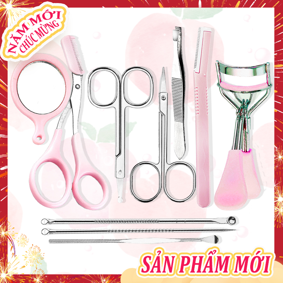 [HCM][Peachy Sis] Set 10 món trang điểm dành cho mắt mày gồm kẹp bấm mi+kéo tỉa chân mày+dao cạo lông mày+nhíp+gương+Kéo tỉa lông mày+Máy tỉa lông mũi+Vệ sinh tai+Vòng tròn làm sạch mụn+Tẩy mụn đầu đen
