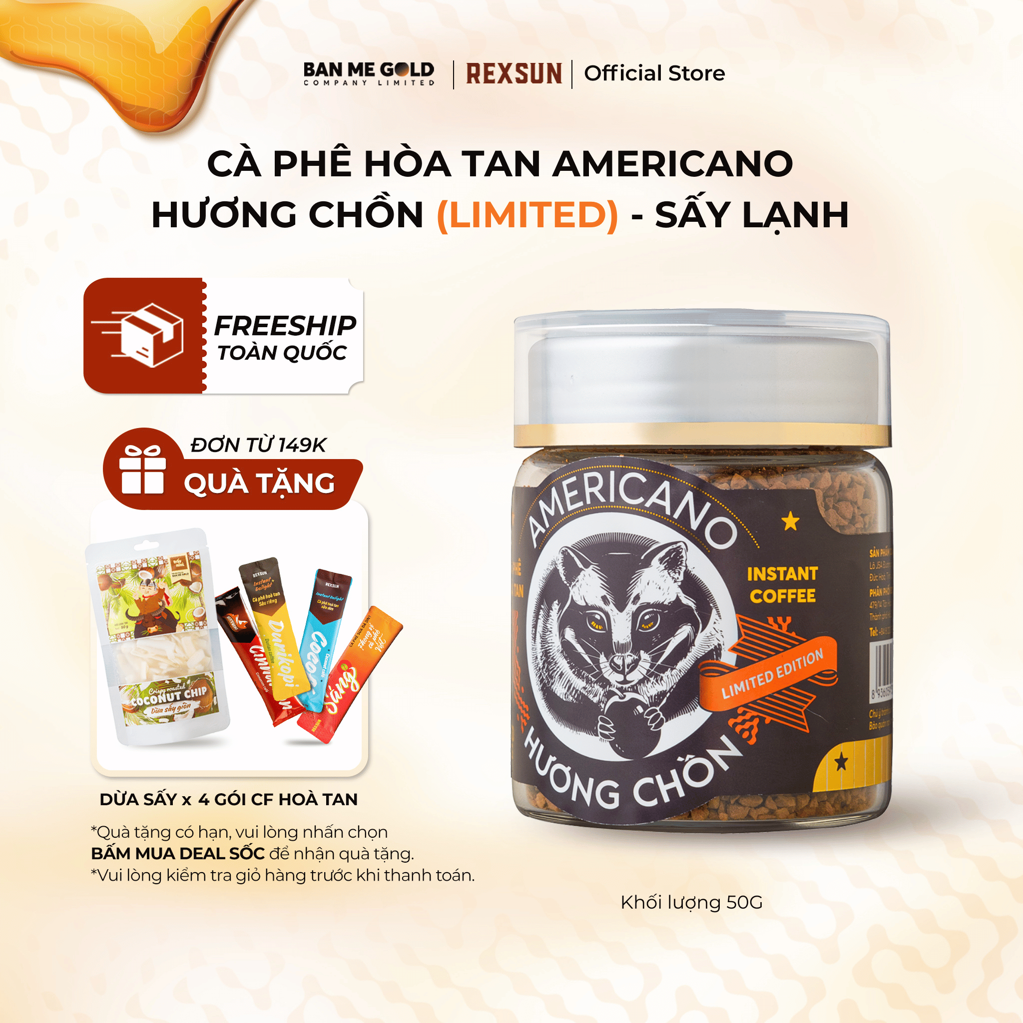 [LIMITED] Cà Phê Hương Chồn Americano (50g) Cafe Chồn Hòa Tan Sấy Lạnh Arabica Thượng Hạng Ban Me Go