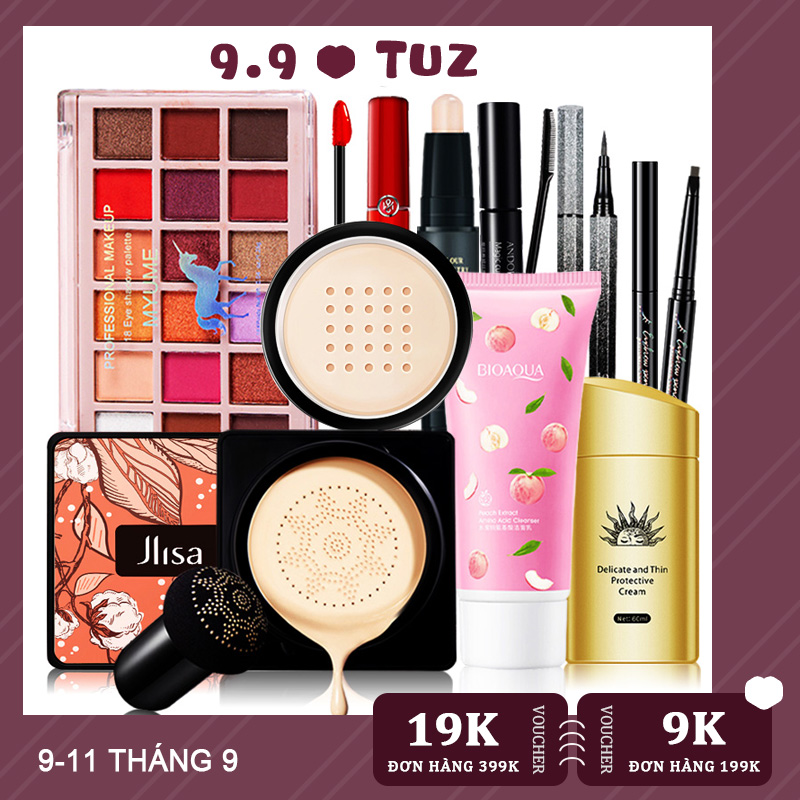 Bộ Trang Điểm Chuyên Nghiệp 10 Món Tiện Lợi Cá Nhân Set Trang Điểm Đa Năng Chính Hãng Nội Địa Trung，Đệm Đầu Nấm Nhỏ + Sữa Làm Sạch Amin Đào + Kem Cách Ly Bảo Vệ + Son Môi Màu Cà Chua + Bảng Màu Mắt 18 Màu + Thanh Kẻ Viền Hai Đầu + Chì Kẻ Mày Siêu Mịn Kh