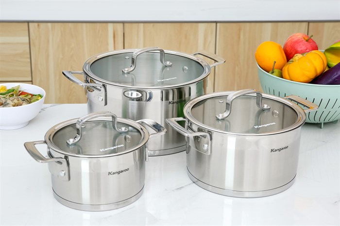 Bộ 3 nồi inox 5 đáy nắp kính Kangaroo KG2IP3S5