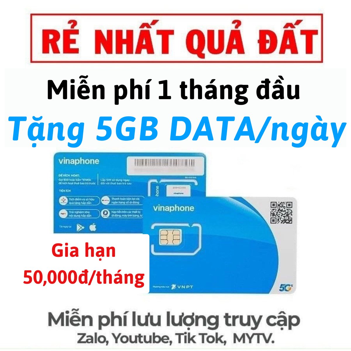 ( Chỉ 50k/tháng ) Sim 4G Vina BIG50Y Miễn Phí Data Xem Y0utube  Tikt0k  Z@lo + 5GB/ngày Data Tốc Độ 