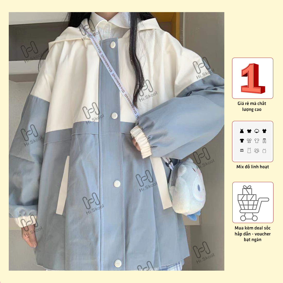Áo khoác gió dù nữ Harajuku JK 2 lớp form rộng có mũ trùm oversize màu xanh phong cách học sinh Nhật