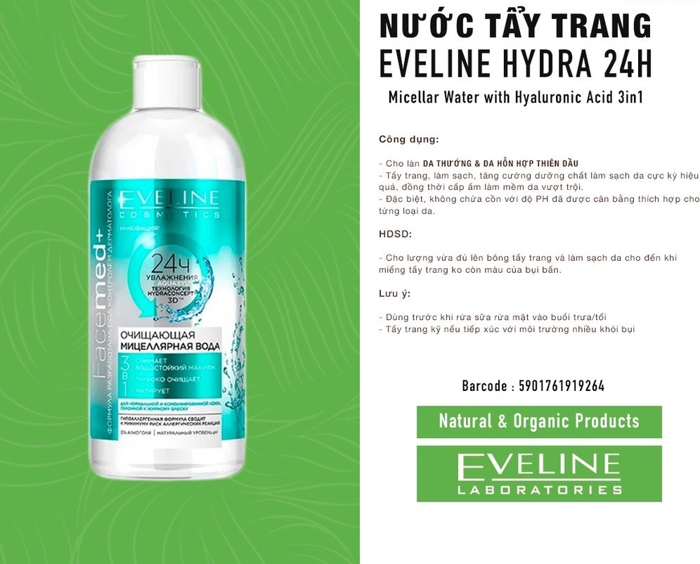 Nước Tẩy Trang Eveline Xuất Xứ Nga Không Cồn Dành Cho Da Thường Da Dầu Da Hỗn Hợp Giúp Làm Sạch Da Sau Lớp Bụn Lớp Trang Điểm Giúp Làn Da Sạch Se Khít Lỗ Chân Lông 400Ml