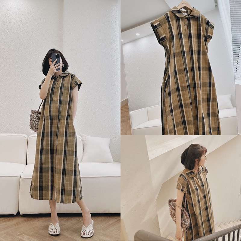 Váy Sơ Mi Kẻ Thụng Dáng Dài Váy Nữ Cổ Bẻ Kẻ Sọc Ngắn Tay Form Rộng Freesize