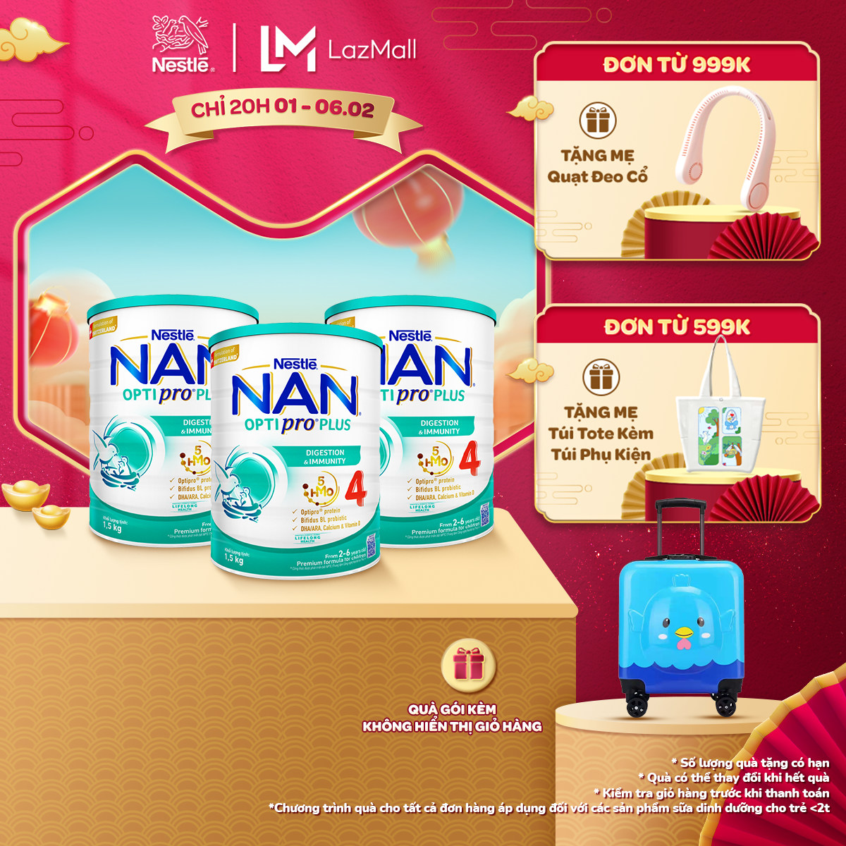 [CHỈ 20H 1-6.2 QUÀ TẶNG ĐH 599K] Bộ 3 lon Sữa bột Nestlé NAN OPTIPRO PLUS 4 1500g/lon với 5HMO Giúp 