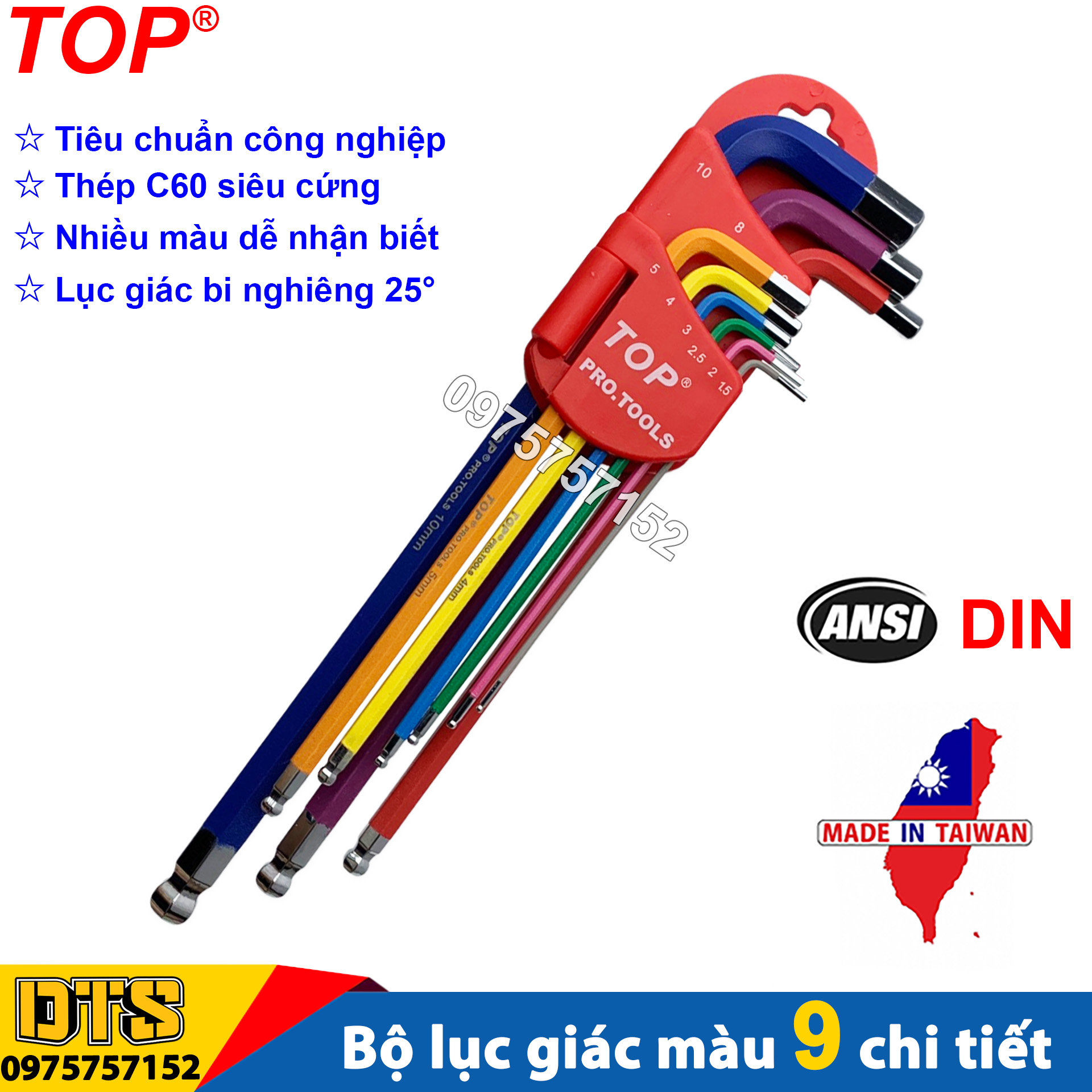 Bộ 9 cây lục giác bi - hoa thị xi màu hãng TOP PRO.TOOLS siêu bền bộ chìa lục giác bông mai có lỗ âm