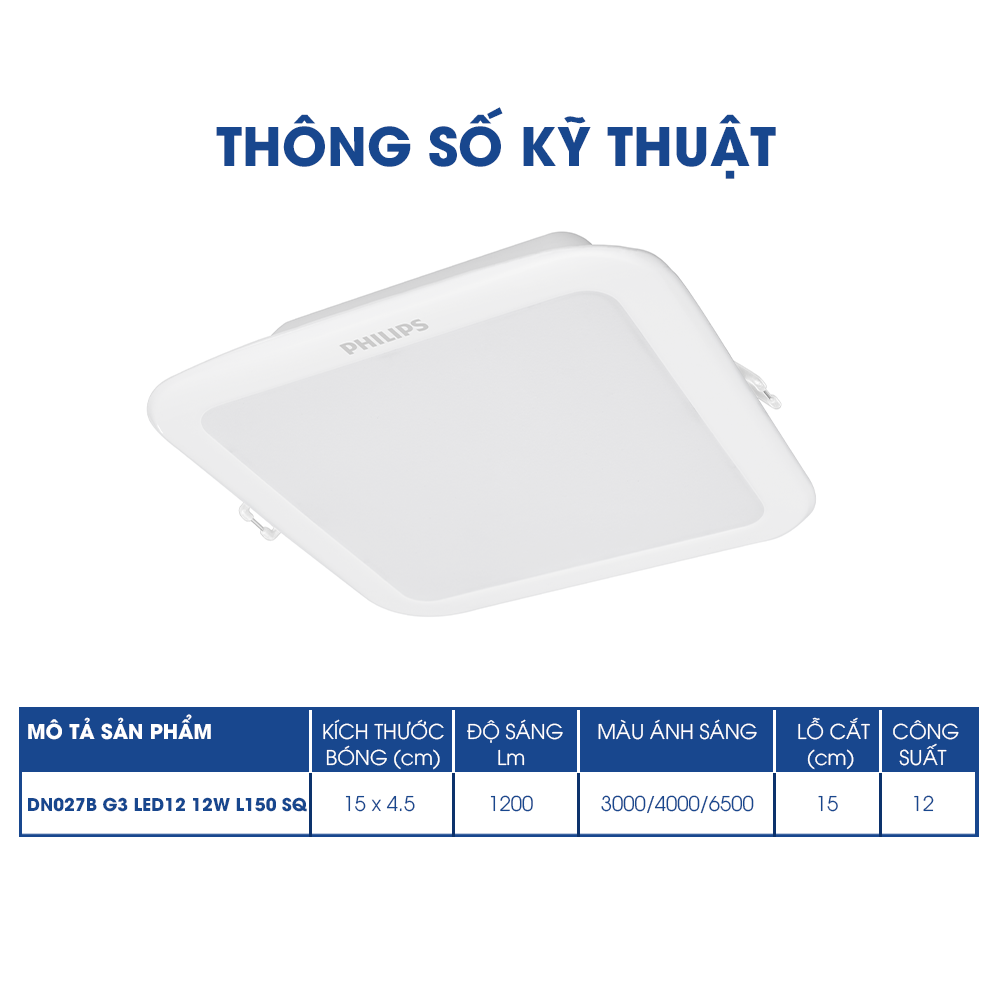 Đèn LED âm trần PHILIPS LED Vuông DN027B G3 LED6/ LED9/ LED12 (3000K/ 4000K/ 6500K)
