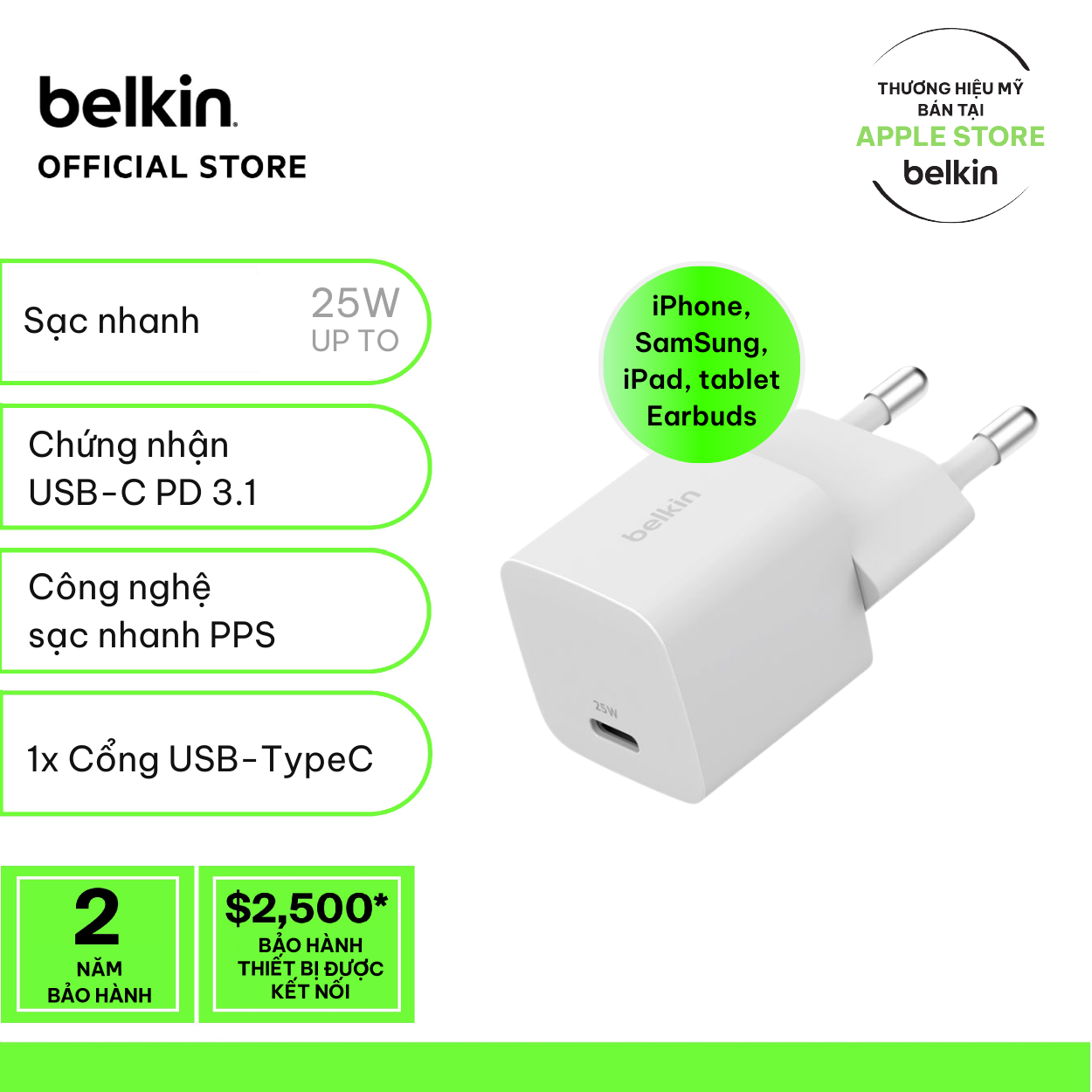 Củ sạc sạc nhanh Belkin 25W USB-C PD3.1 Wall Charger màu trắng nhỏ gọn