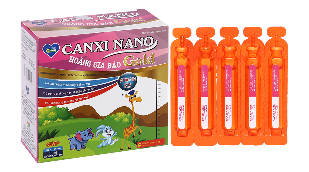 Dung dịch Canxi Nano Gold Hoàng Gia Bảo hỗ trợ chắc khỏe xương hộp 20 ống x 10ml