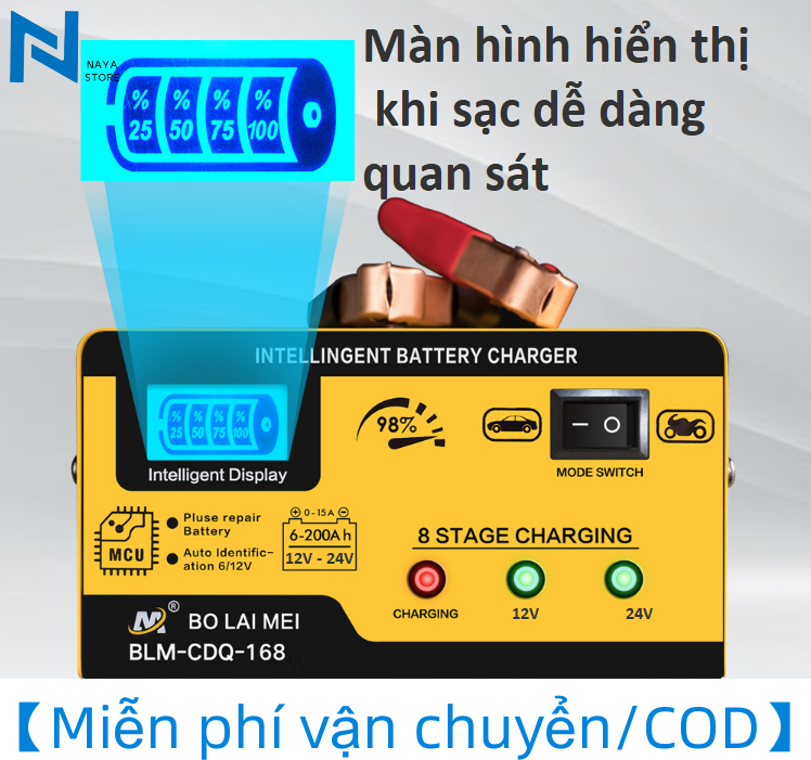 【Miễn phí vận chuyển/COD】 NAYA Máy sạc bình ắc quy công suất lớn 12V 24V 15A sạc siêu nhanh cho các 