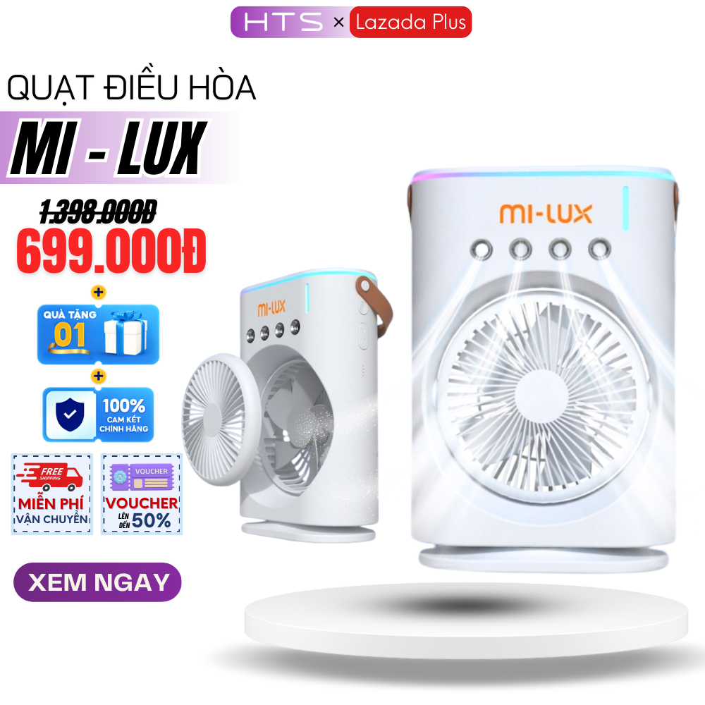 Quạt Điều Hòa Phun Sương Tích Điện MI-LUX A3 Plus Quạt Hơi Nước Tích Hợp Đèn LED Với 2 Cánh Gió 3 Đầ