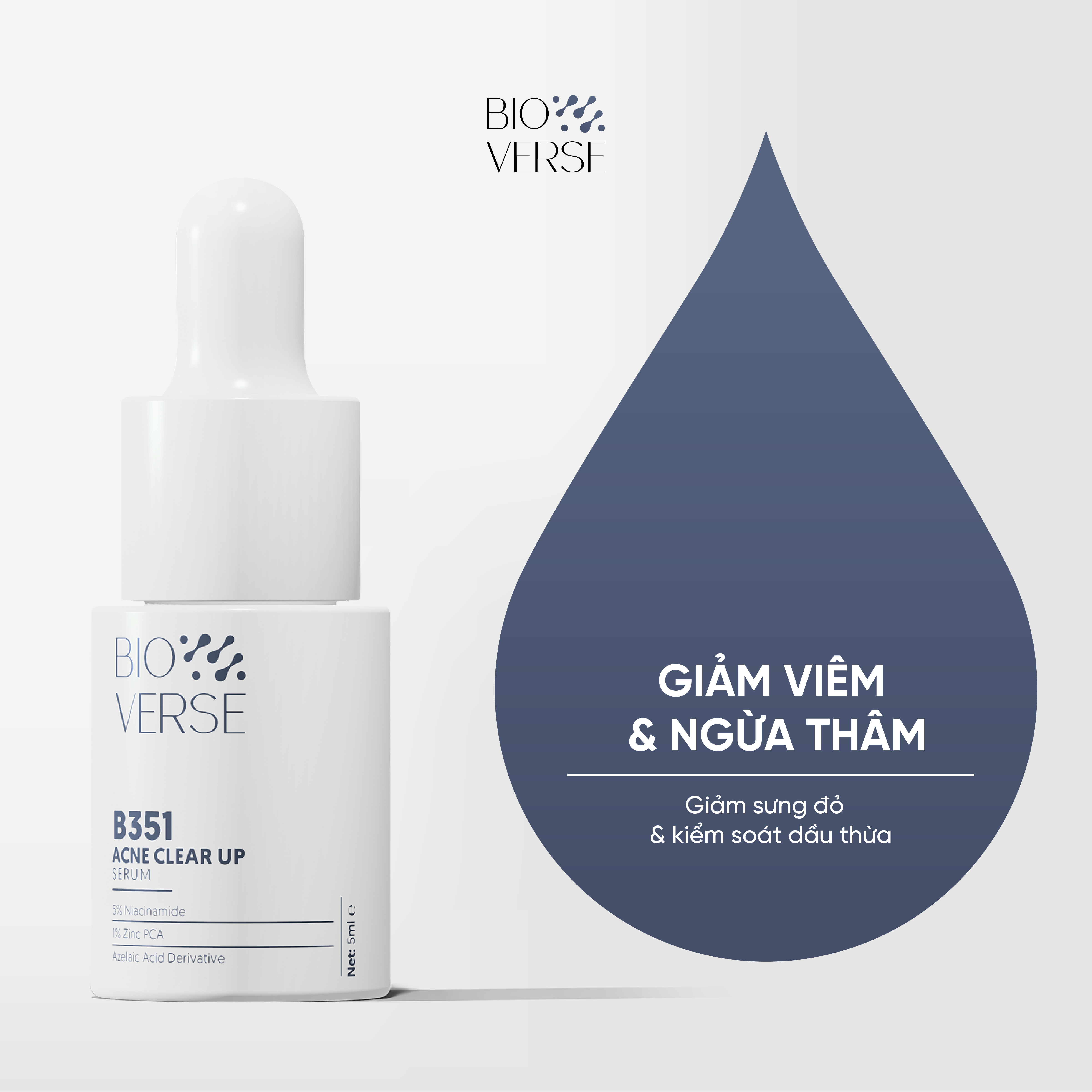 Sample Tinh Chất Niacinamide 5% + Zinc 1% Hỗ Trợ Mụn Bioverse B351 Acne Clear Up Serum 5ml
