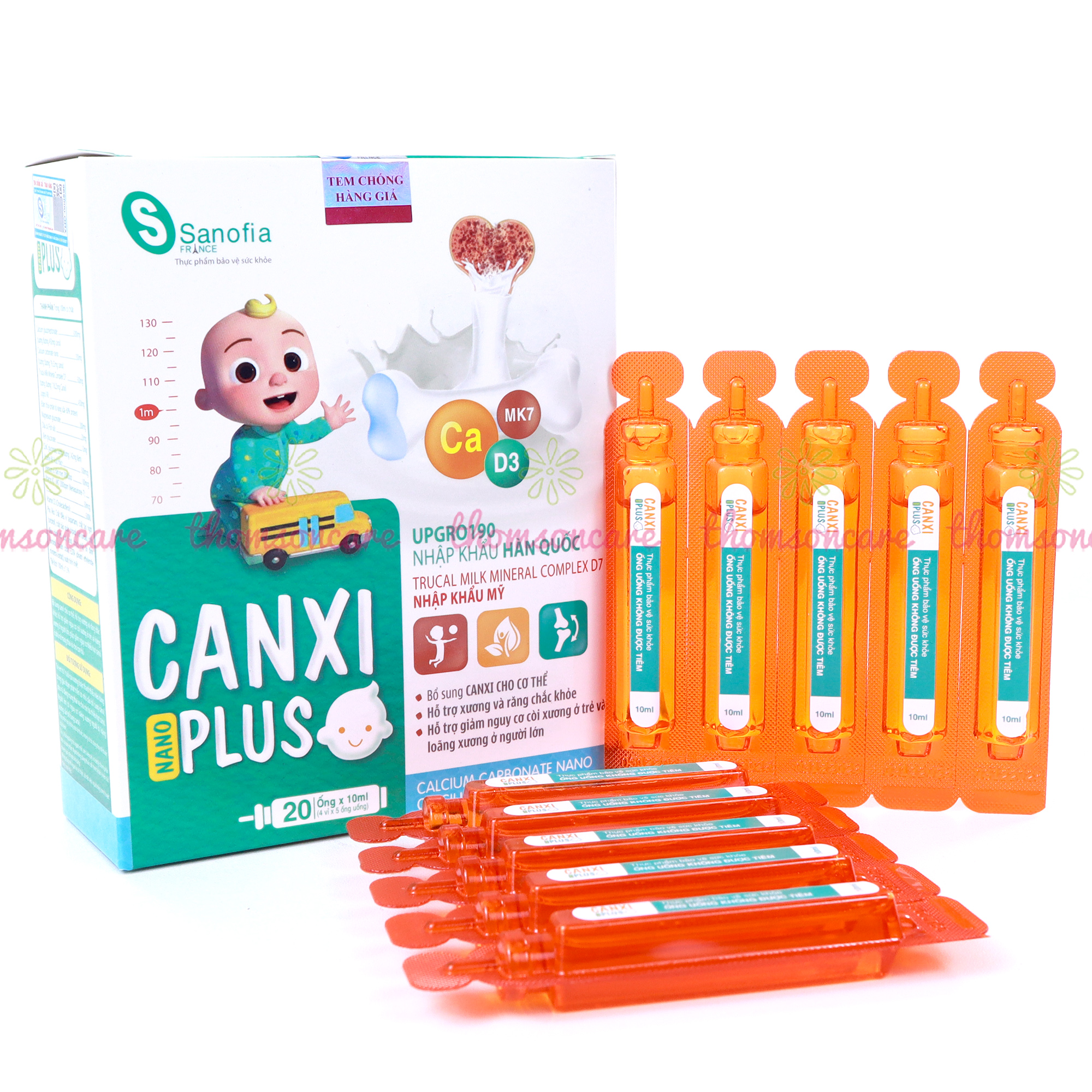 Canxi cho bé - Canxi Nano Plus Sanofia giúp xương răng chắc khỏe giảm còi xương tăng chiều cao từ Vitamin D3K2 - Hộp 20 ống Thomsoncare