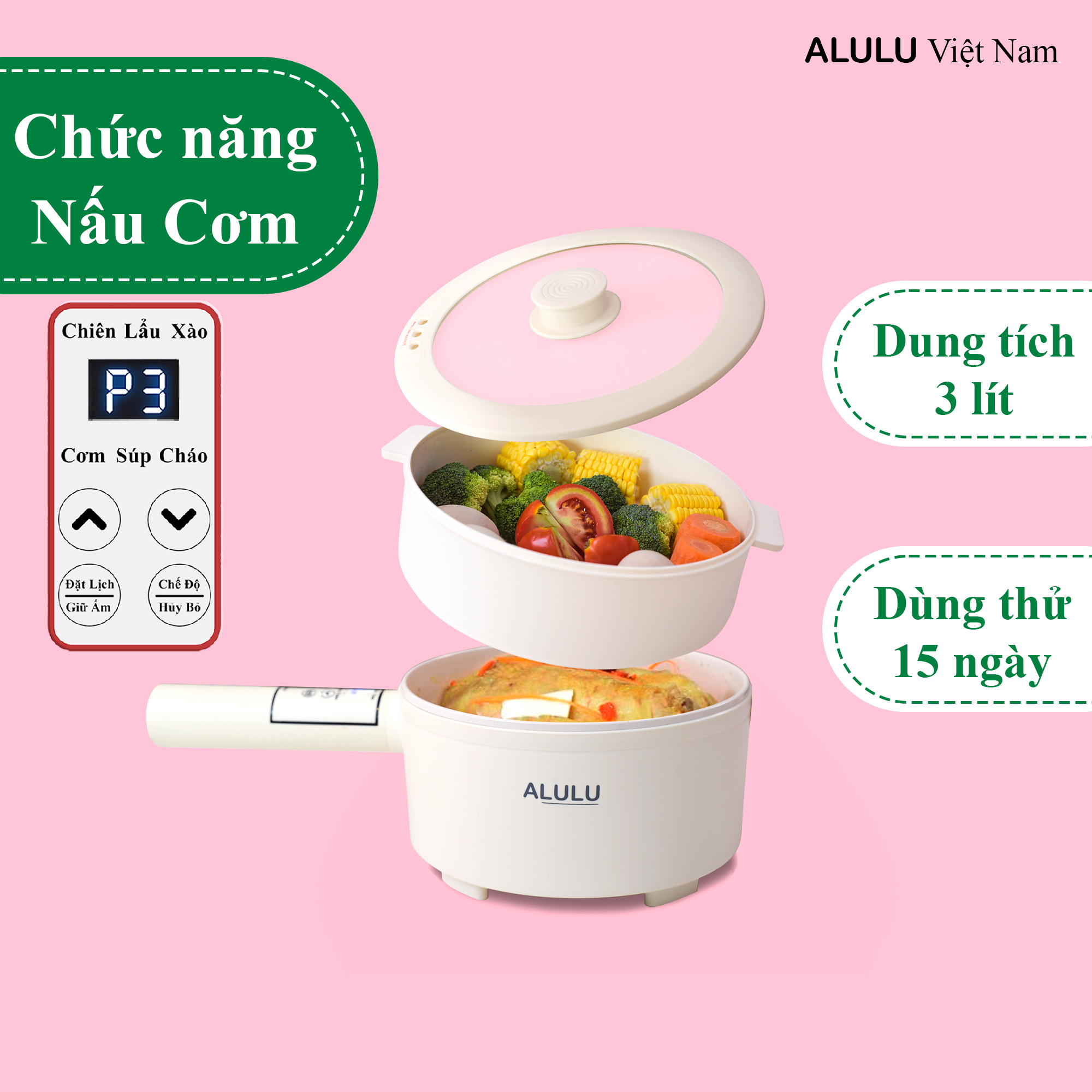 Nồi điện đa năng ALULU dung tích 3L và 2L ( kèm khay hấp ) có sẵn chức năng nấu cơm nấu lẩu