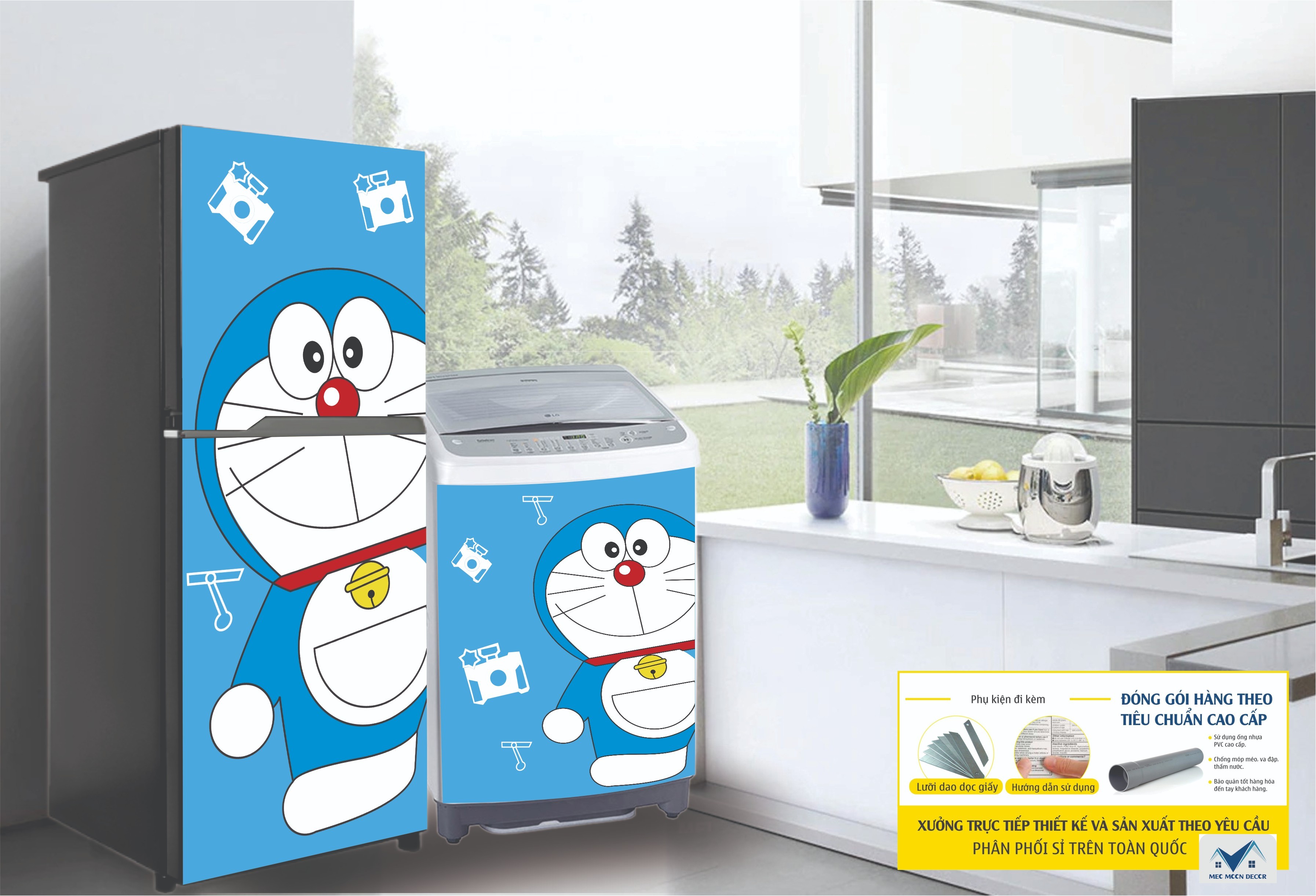 Decal dán tủ lạnh hình cute  mẫu Doremon - chống thấm nước - in theo yêu cầu