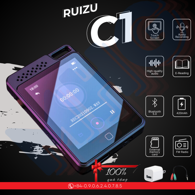 Ruizu C1 - Máy nghe nhạc đa năng: Màn Hình Cảm Ứng 2.4inch Hỗ Trợ Đa Định Dạng MP3 WMA APE FLAC WAV DRM ACELP Tích Hợp Loa Ngoài Bluetooth 5.0 FM Radio Ghi Âm Xem Video Định Dạng AMV AVI Đọc Sách Điện Tử Từ Điển Bộ Nhớ 16Gb Hỗ Trợ Thẻ Nhó 128Gb