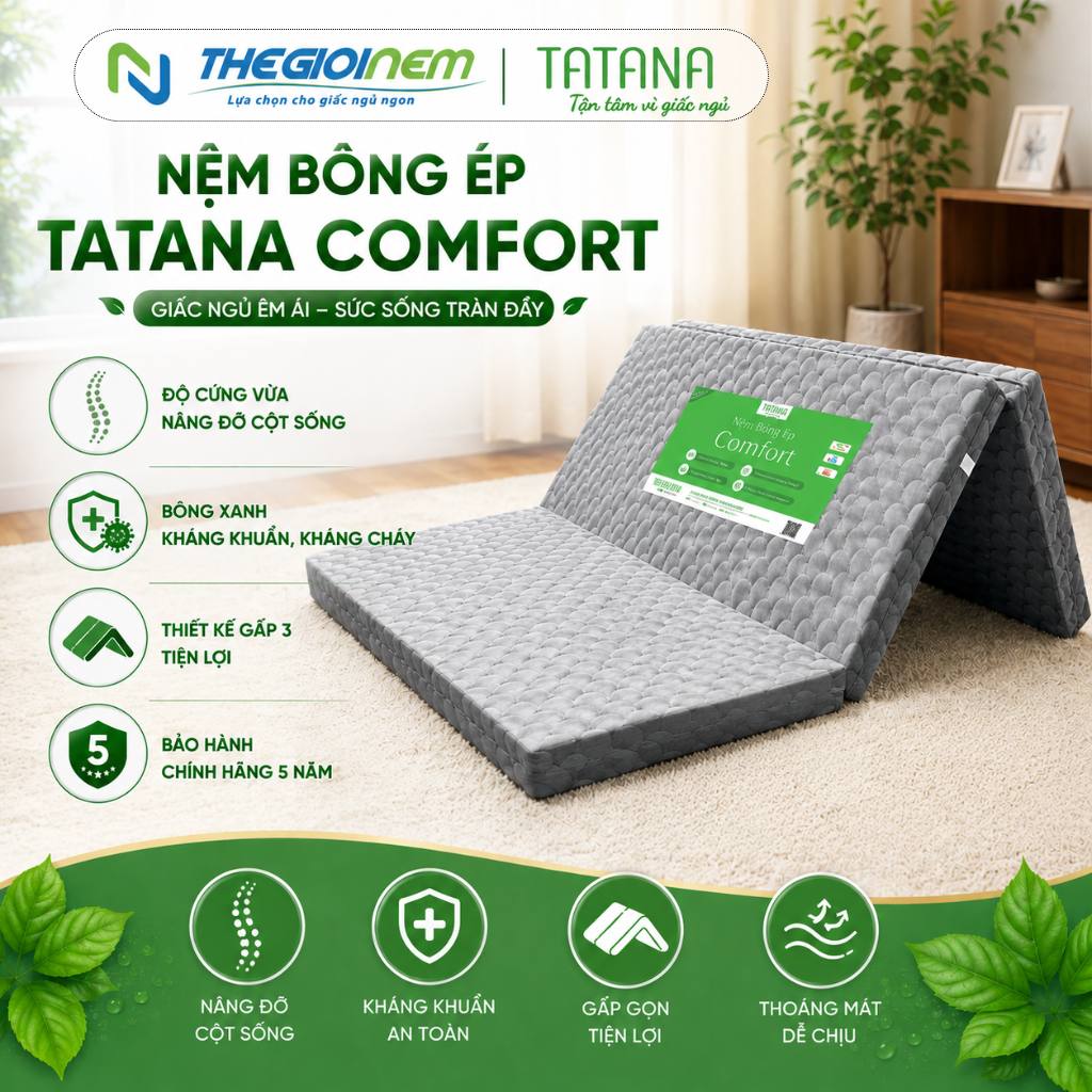 Nệm Bông Ép Tatana Comfort Gấp 3- Di chuyển tiện lợi - Độ Cứng Vừa Nâng Đỡ Cơ Thể Áo Nệm Nhiều Màu
