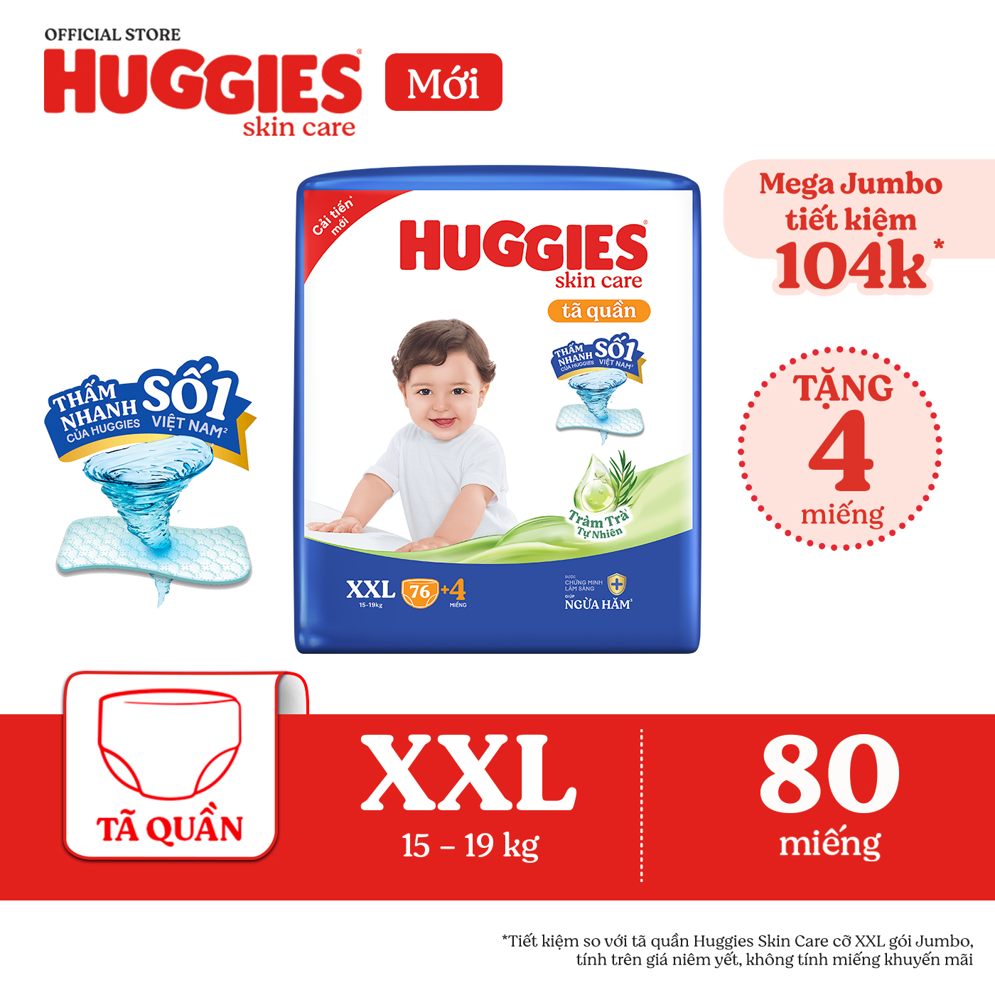 [20h 7-10.8 GIẢM THÊM 90K] Gói Tã/bỉm quần HUGGIES SKINCARE MEGA JUMBO size XXL76+4 miếng