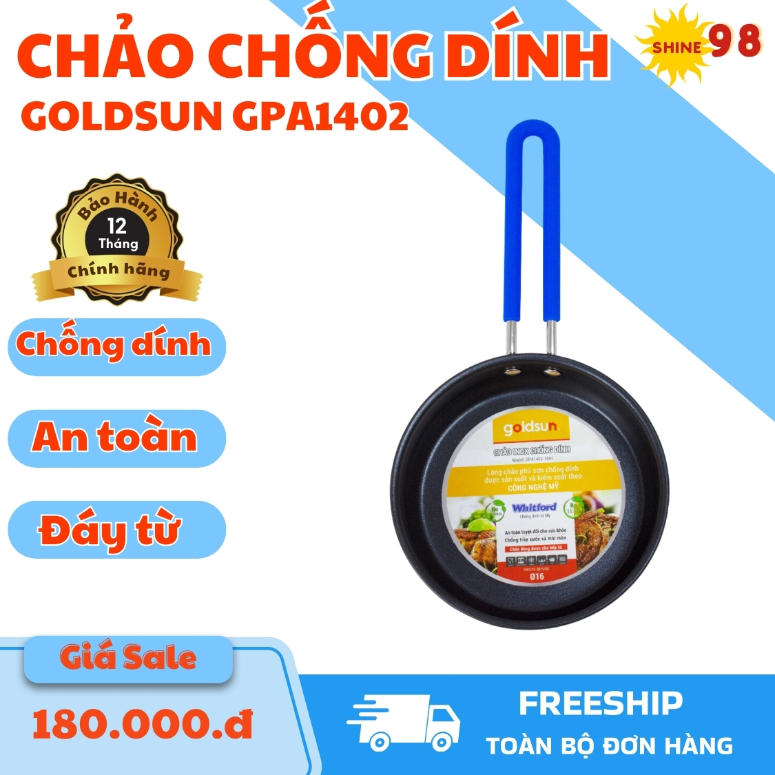 Chảo inox chống dính Goldsun GPA1402 với 3 lớp đáy từ dùng cho mọi loại bếp - Chảo chống dính an toà