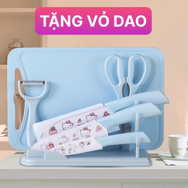 Bộ dao thớt 7 món - bộ dao nhà bếp thép không gỉ kháng khuẩn - dao ăn dặm cho bé doremon hello kitty
