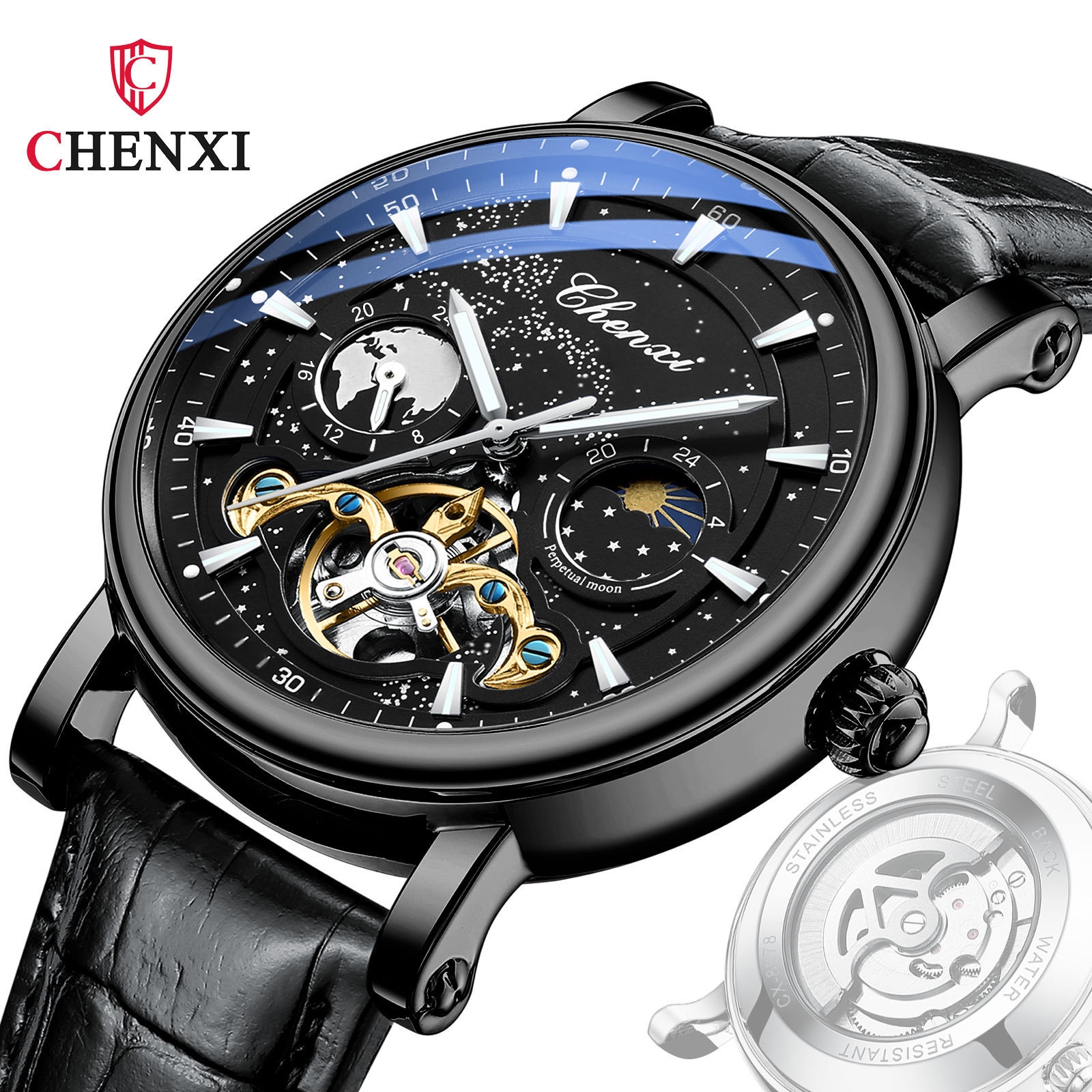 CHENXI Morning Sun Galaxy Moon Phase Hollow Tourbillon Mechanical Watch Mens Watch Automatic Luminous Belt Watch 8872 —D0519