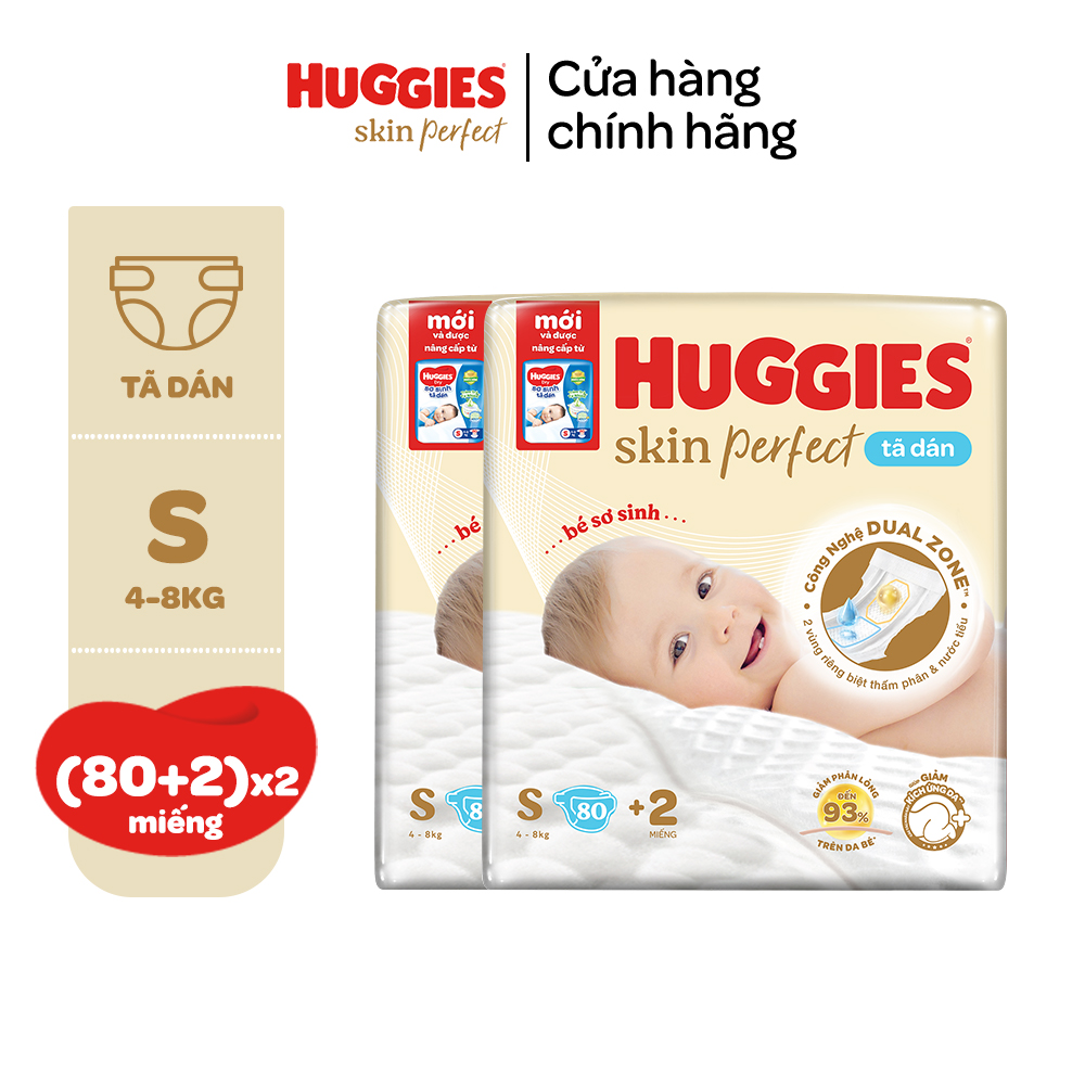 [Tặng 4 miếng cho size S80] Combo 2 Tã Dán Sơ Sinh Huggies Skin Perfect NB40/NB70/S54/S80 Với 2 Vùn