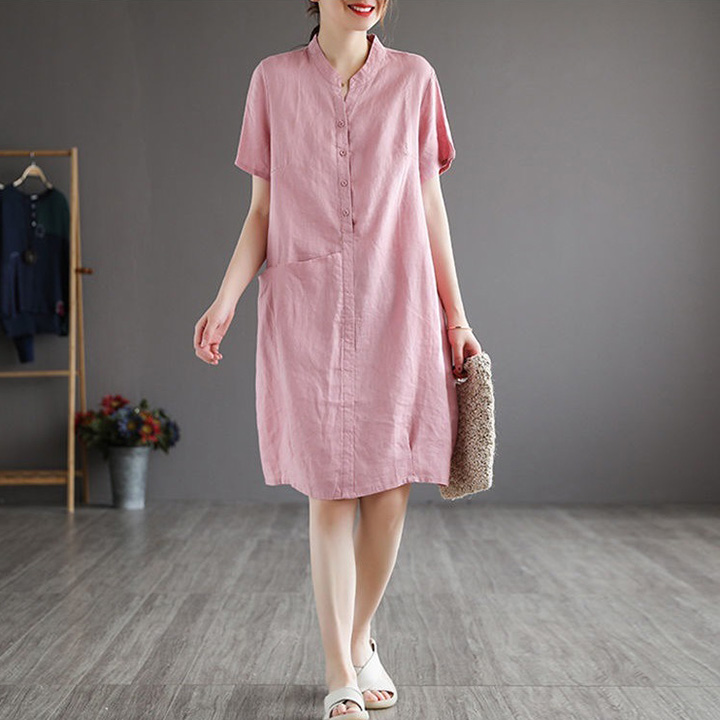 HOÀN TIỀN 15% - Đầm suông tay cộc cổ tầu Linen Premium không kén dáng mặc chất vải Linen bột mềm mát thich hợp mùa hè