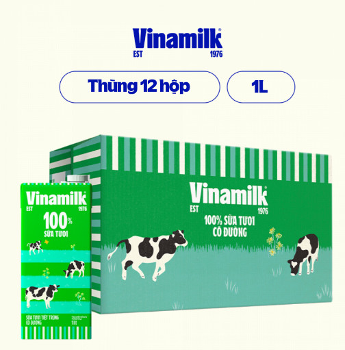 Thùng 12 Hộp Sữa Tươi Tiệt Trùng Vinamilk 100% Có Đường - Hộp Giấy 1L.