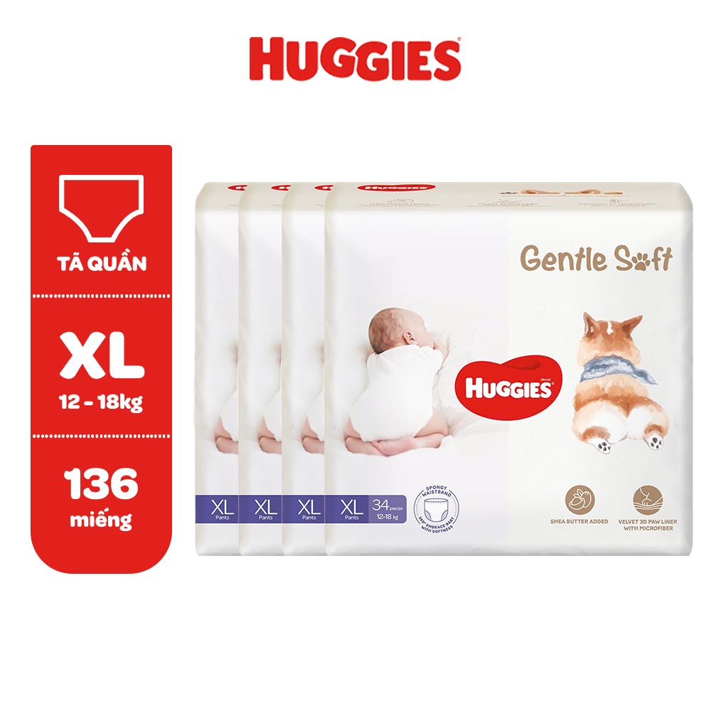 Combo 4 Tã quần Huggies Gentle Soft - Corgi M54/L40/XL34/XXL22 miếng êm mềm nâng niu làn da bé